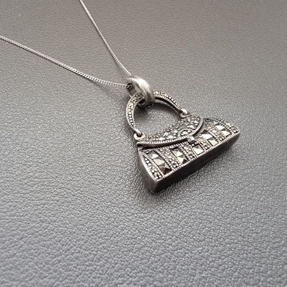 Sterling Silver Marcasite Purse Locket 925 Italy Chain RO SU